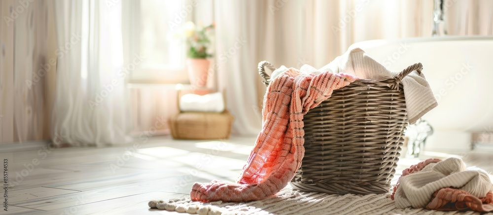 Poster Basket with dirty laundry on floor in bathroom. with copy space image. Place for adding text or design