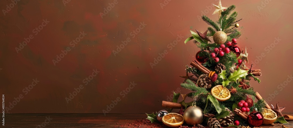 Poster a handmade christmas tree decorated by small dry oranges, cinnamon sticks, gold and red balls and ga