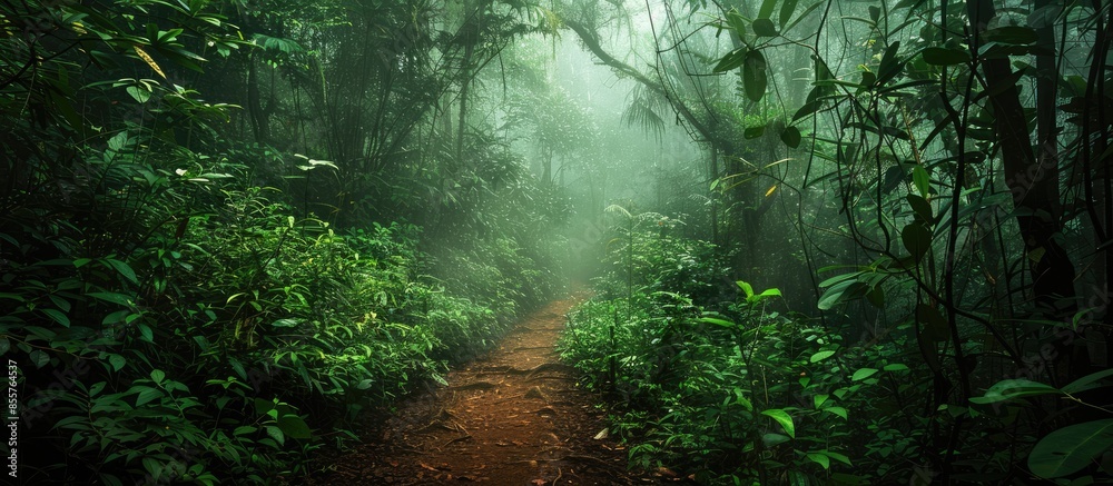 Poster the pathway through the dark foggy forest among the lush growth. hazy perspective, framed by dense f