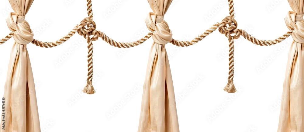 Poster Set of beige and golden tiebacks with rope on a white background, isolated. with copy space image. Place for adding text or design