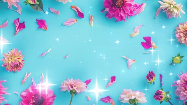 Pink dahlia flowers scattered on a blue background for banner