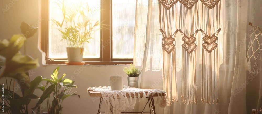 Poster macrame curtains on work table cloth. with copy space image. Place for adding text or design