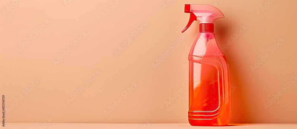 Poster Bottle with detergent on beige background. Cleaning supply. with copy space image. Place for adding text or design