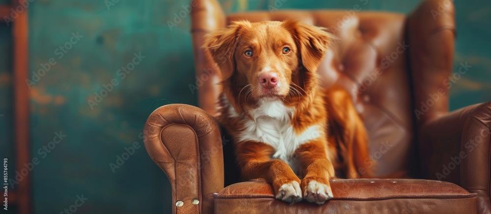 Poster dog on a chair. Nova Scotia duck tolling retriever in the loft studio. Pet indoors . with copy space image. Place for adding text or design