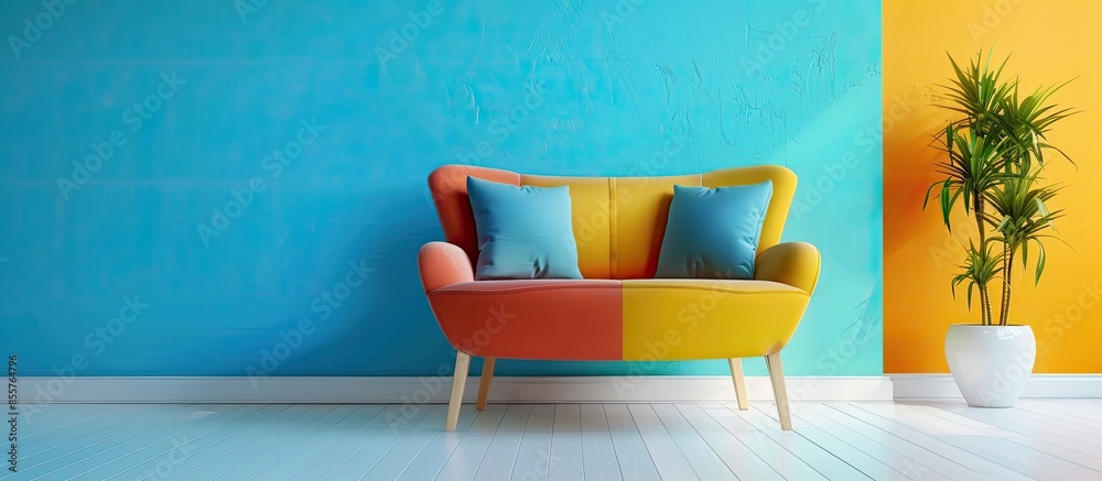 Poster colorful sofa, stylish chair and furniture for interior design . with copy space image. place for ad