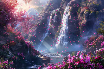 Generative ai on theme of beautiful majestic waterfall in natural nature, national park attraction