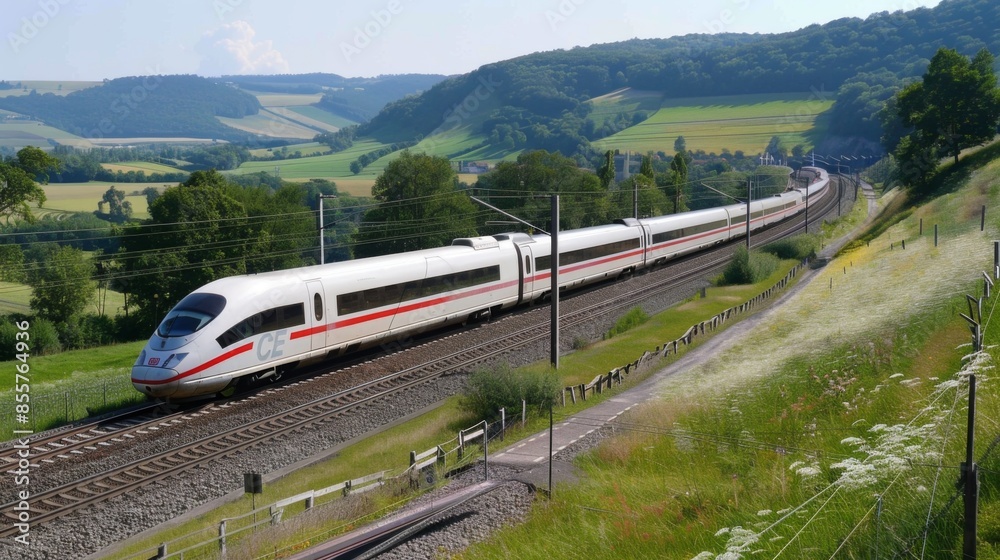 Poster a high-speed train speeding through a scenic countryside landscape, with motion blur emphasizing its