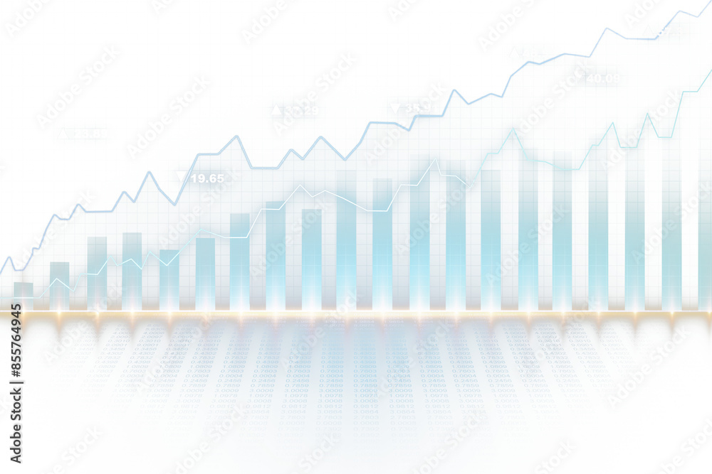 Poster an abstract financial chart with rising graphs and bar diagram on a light, gradient blue and white b