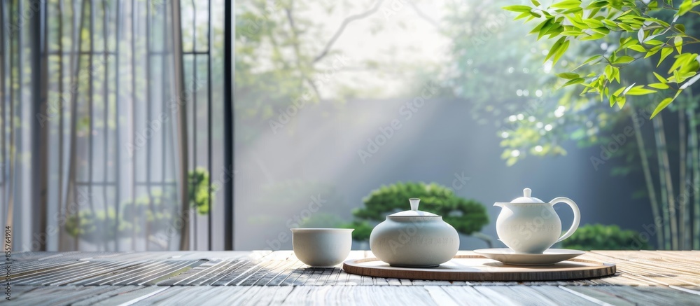 Poster Tea set on table in modern veranda interior. with copy space image. Place for adding text or design