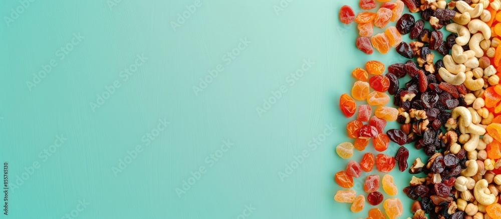 Aufkleber High angle view of candied nuts and dried fruits on a pastel background. with copy space image. Place for adding text or design