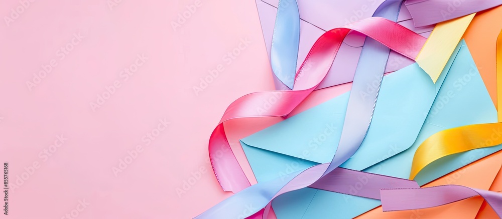 Poster The envelopes with colorful ribbons.For the meaning of your message or web design and design background. pastel background. with copy space image. Place for adding text or design