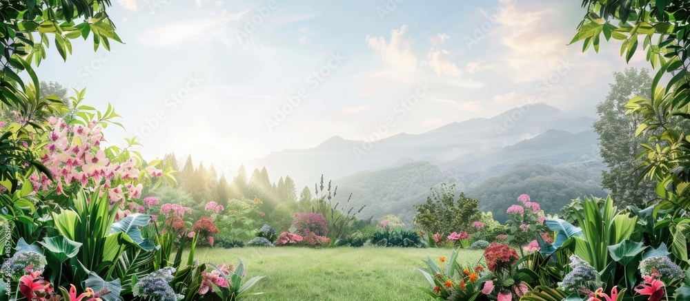 Poster Beautiful garden backdrop with mountains and forests. with copy space image. Place for adding text or design