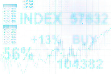 Obraz premium An abstract financial market concept with digital effects showing data, graphs, and the word 'BUY' on a white grid background