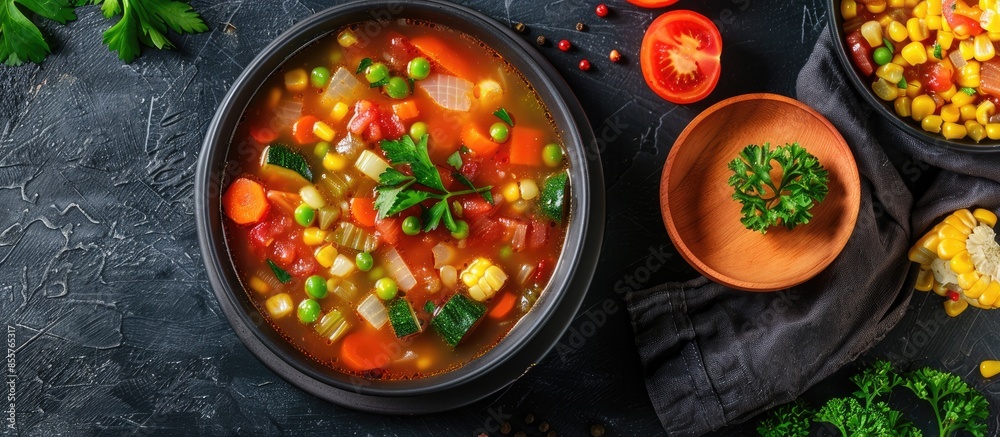 Poster minestrone soup from zucchini and tomato, onion and carrots, corn and peas with parsley, a plate of 