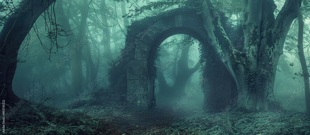Poster into the deep woods, atmospheric landscape with archway and ancient trees, misty and foggy mood. with copy space image. Place for adding text or design