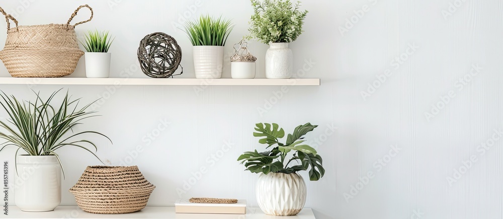 Poster Shelf with stylish decor on white wall. with copy space image. Place for adding text or design