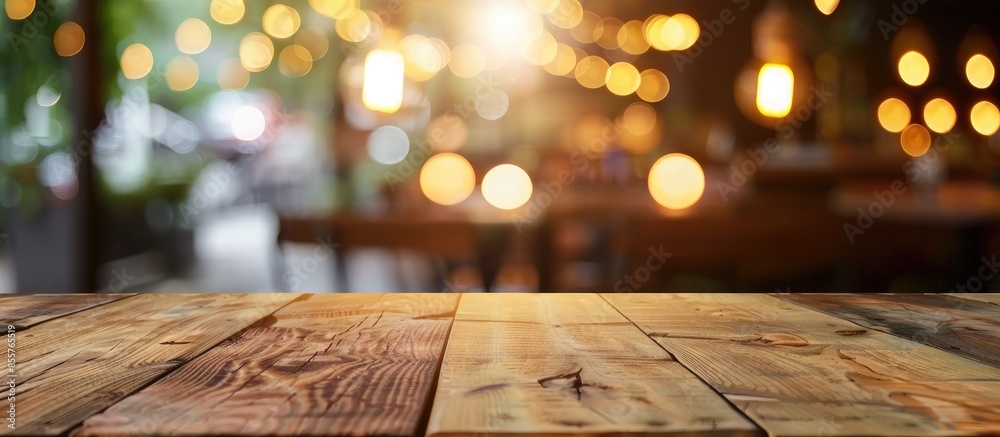 Poster Empty wooden table top with lights bokeh on blur restaurant background. with copy space image. Place for adding text or design