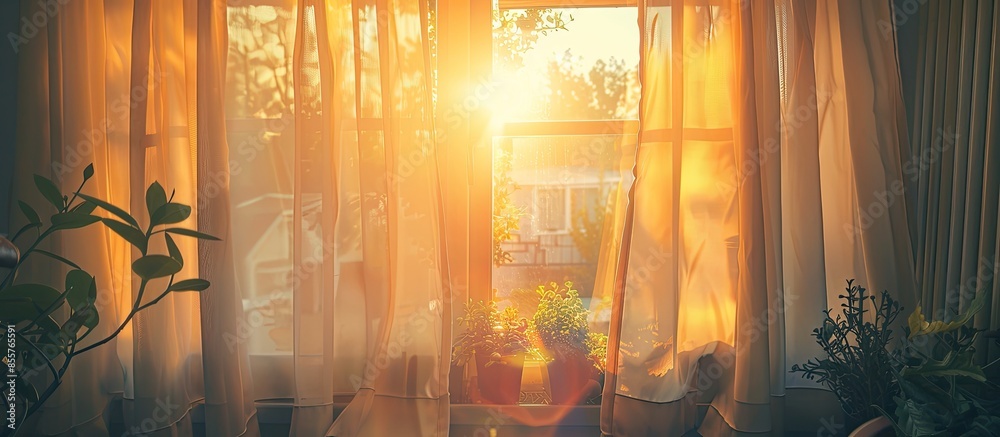 Poster bright morning sun in the open window through the curtains. with copy space image. place for adding 