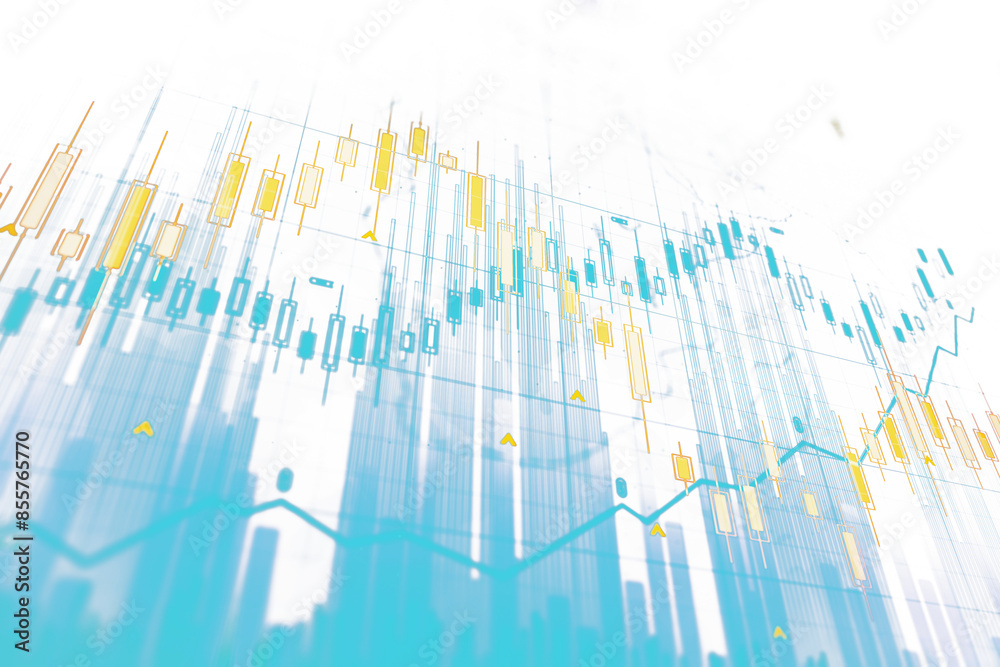 Poster Abstract financial chart with uptrend line graph on a blue and yellow background, representing data analysis or stock market concept