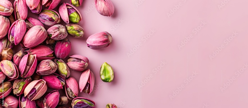Fototapete Pistachios close up. Isolated on a pastel background. with copy space image. Place for adding text or design