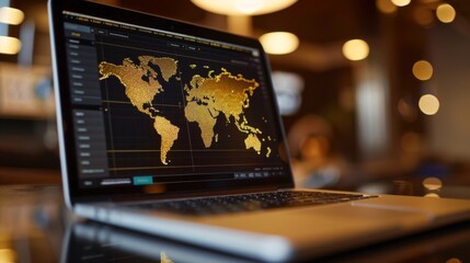 A laptop screen showing a radar chart evaluating geopolitical factors influencing gold prices