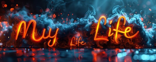 Futuristic neon text 'My Life' with vibrant colors and smokey background