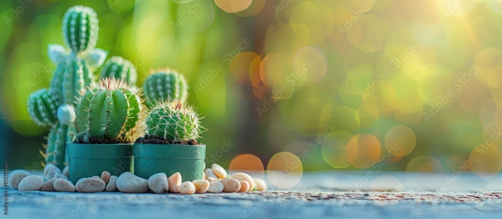 Poster small green cactus plants pots in garden nature background . with copy space image. place for adding