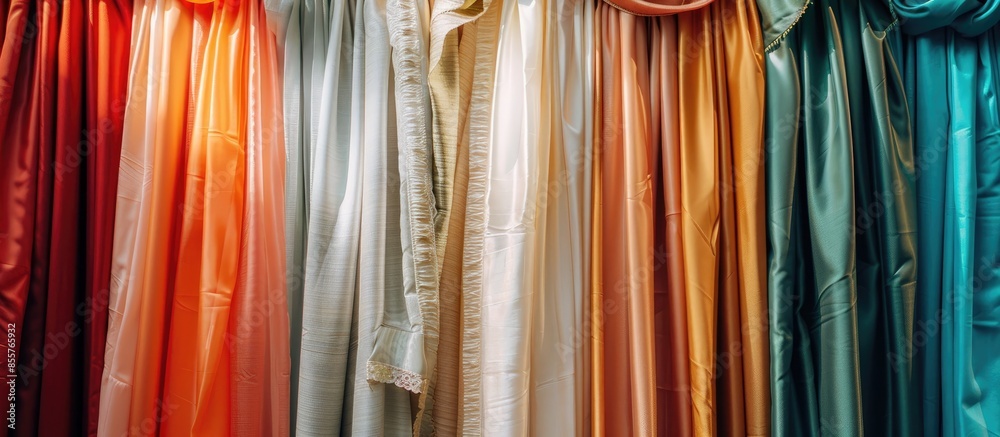 Poster Beautiful curtains of different colors hang on the stand for sale. Curtains hang on the stand in the store. with copy space image. Place for adding text or design