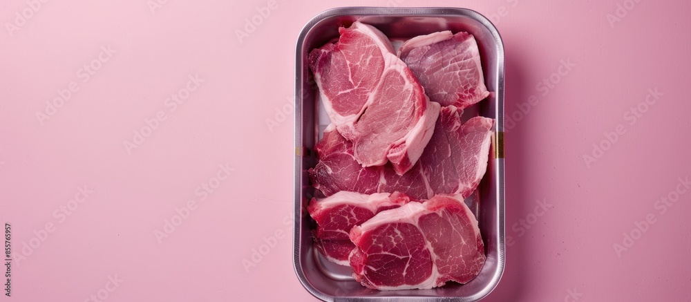 Poster sliced pork is placed in a stainless steel compartment. sold in supermarkets pastel background. with