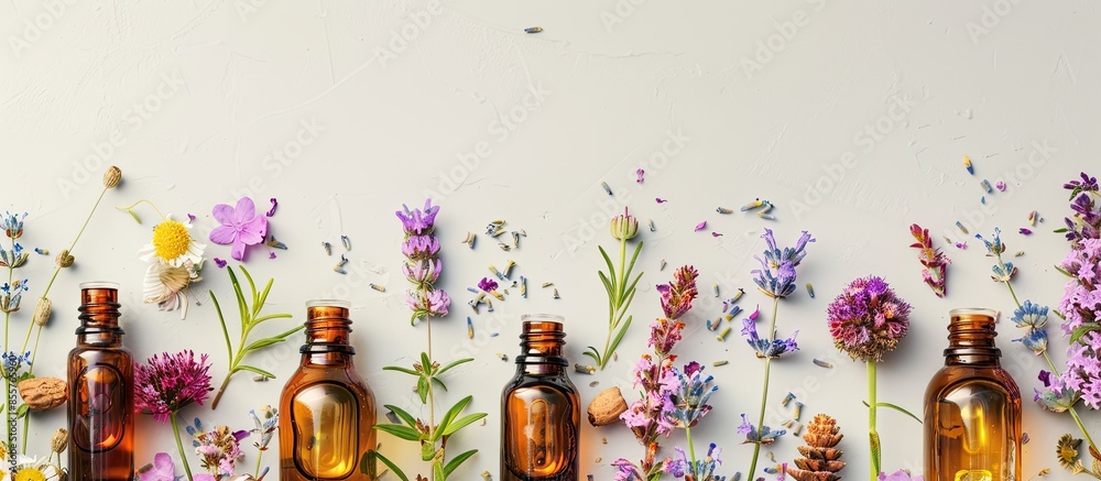 Poster Bottles of essential oils. with copy space image. Place for adding text or design