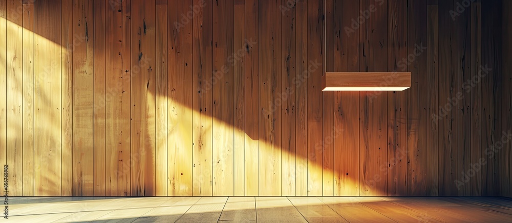 Poster Low angle view of a hanging light fixture in a room with wooden walls. with copy space image. Place for adding text or design