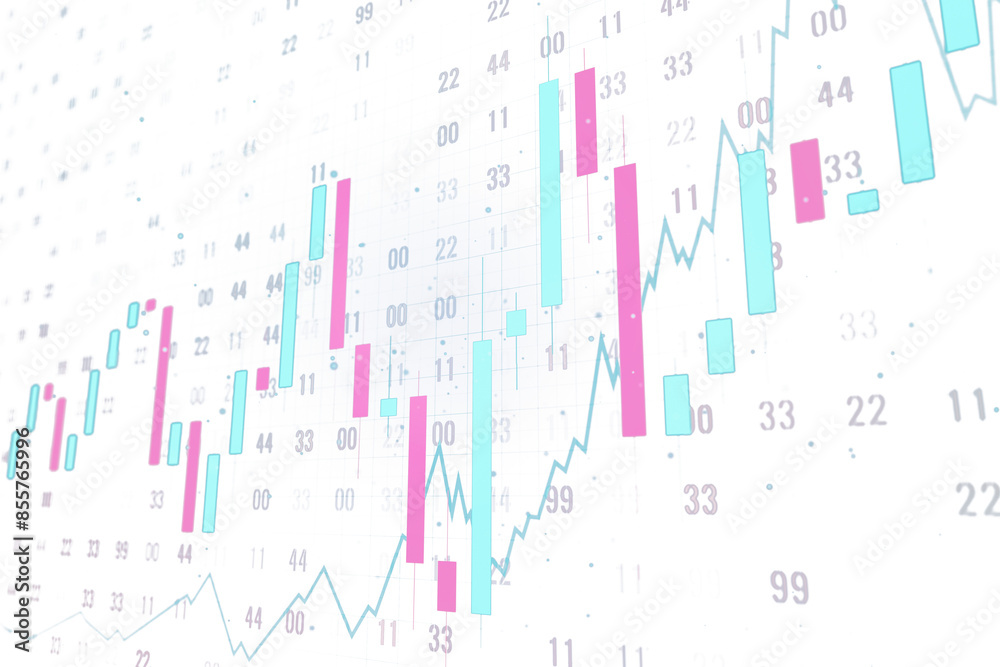 Poster an abstract financial chart overlaid on a grid with light blue and pink bars, representing data anal