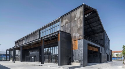 Fototapeta premium Modern industrial building featuring a sleek wooden facade and large windows. The design integrates contemporary aesthetics with functional industrial architecture. 