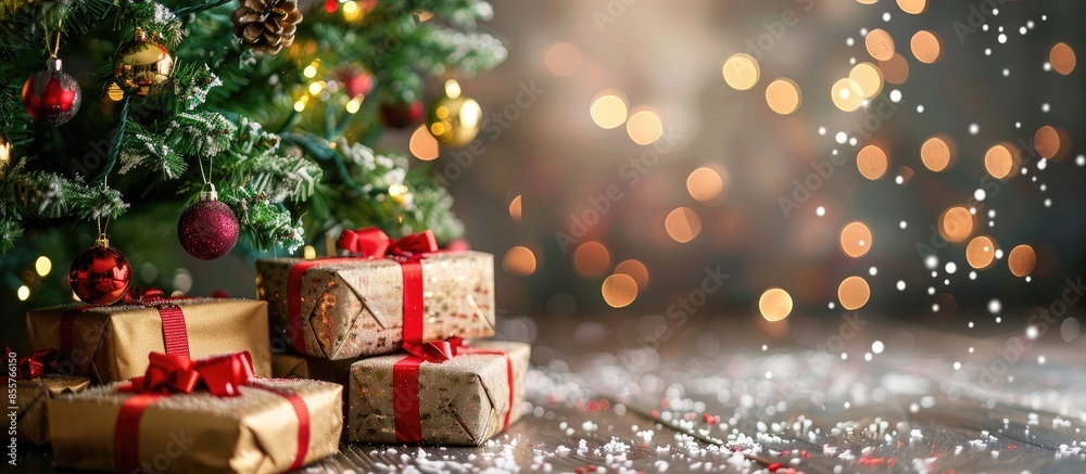 Poster christmas presents under decorated christmas tree. with copy space image. Place for adding text or design