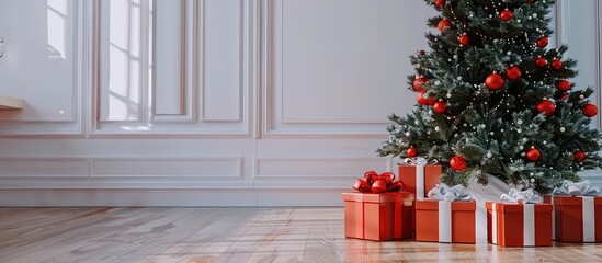 Beautiful Christmas gift boxes on floor near fir tree in room. with copy space image. Place for adding text or design