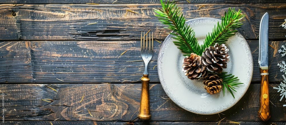 Poster christmas table place setting with christmas pine-cone and plate, knife and fork / christmas holiday
