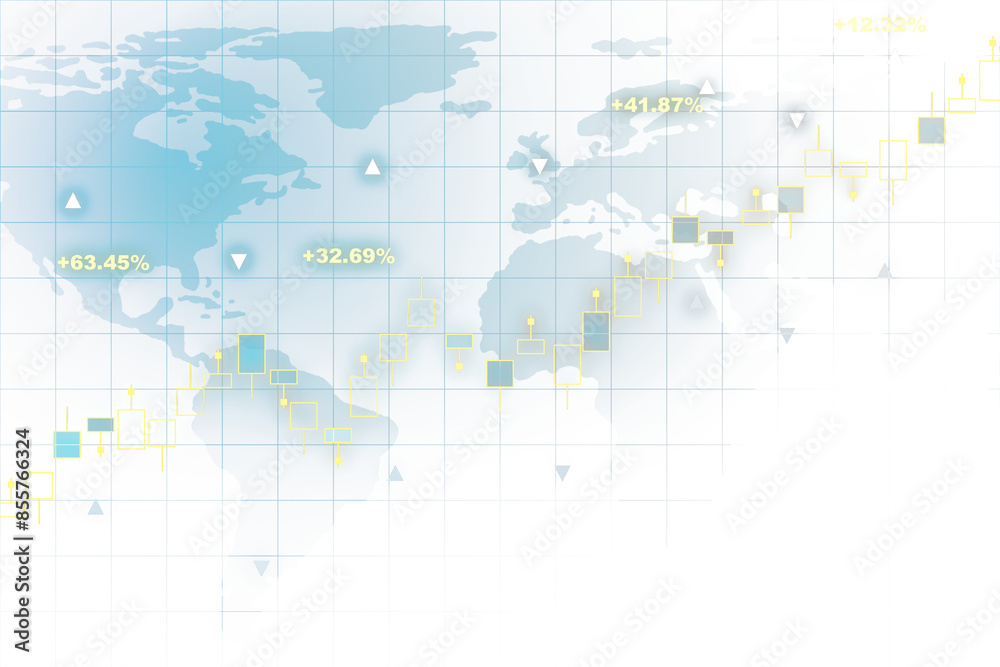Poster An infographic world map with percentage figures and candlestick charts, styled with a light and clean graphical layout on a white background, concept of global finance