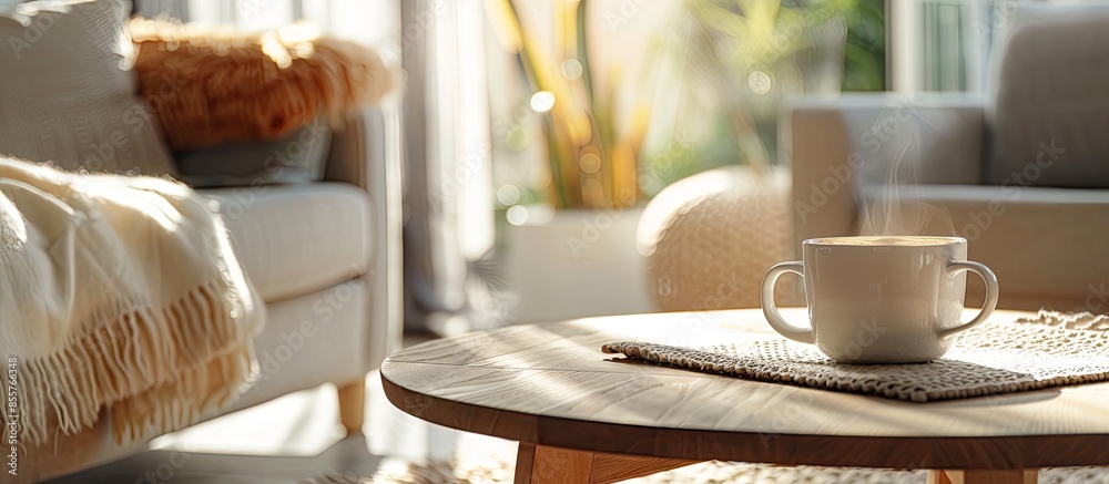 Poster cup with hot drink on coffee table, on home interior background. with copy space image. place for ad