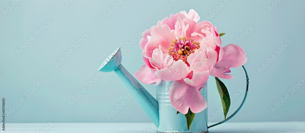 Poster tin watering can with a large pink peony flower on a pastel background, closeup. with copy space ima