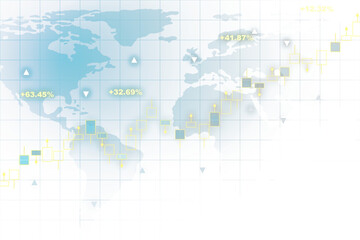 An infographic world map with percentage figures and candlestick charts, styled with a light and clean graphical layout on a white background, concept of global finance