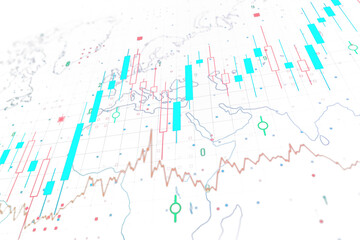 Abstract financial chart overlaid on a world map, depicting market data and trends, on a white background reflecting the concept of global economy
