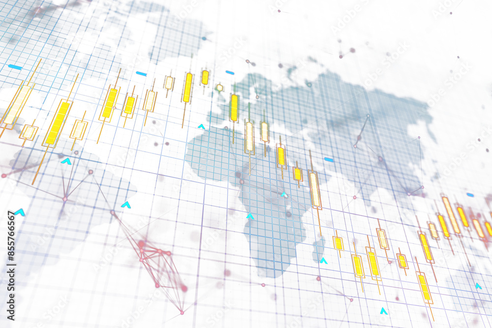 Poster abstract financial chart with world map in the background, light and colorful, concept of global mar