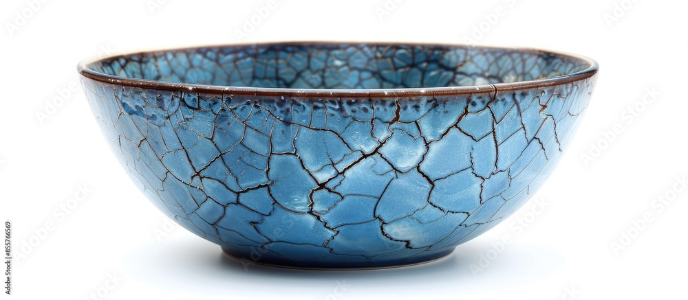 Poster Ceramic bowl with cracked pattern, Blue bowl isolated on white background with clipping path, Side view. with copy space image. Place for adding text or design