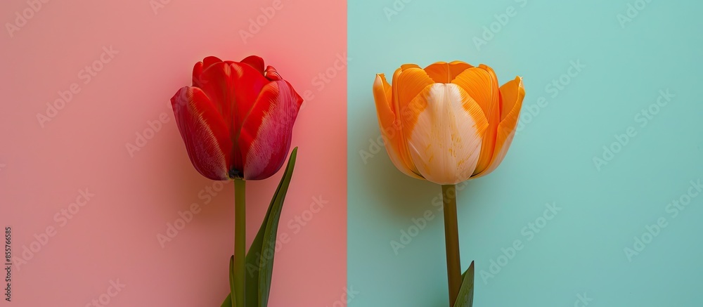 Fototapete Two beautiful tulips isolated on a pastel background. with copy space image. Place for adding text or design