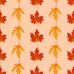 Autumn leaves seamless pattern vector in hand drawn style, yellow and red maple leaves