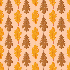 Autumn leaves seamless pattern vector in hand drawn style, brown and yellow oak leaves