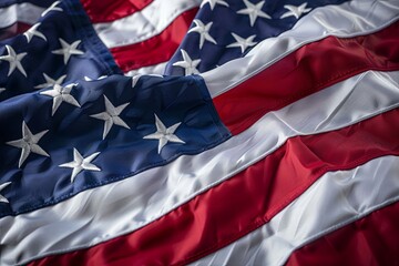 A close-up shot of an American flag, with its red, white, and blue stripes and stars in focus. The image evokes a sense of patriotism and the upcoming US elections. Generative AI