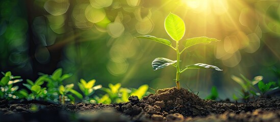 Young plant growing on dry soil with green background under the sunlight. Earth day concept. Copy space image. Place for adding text or design