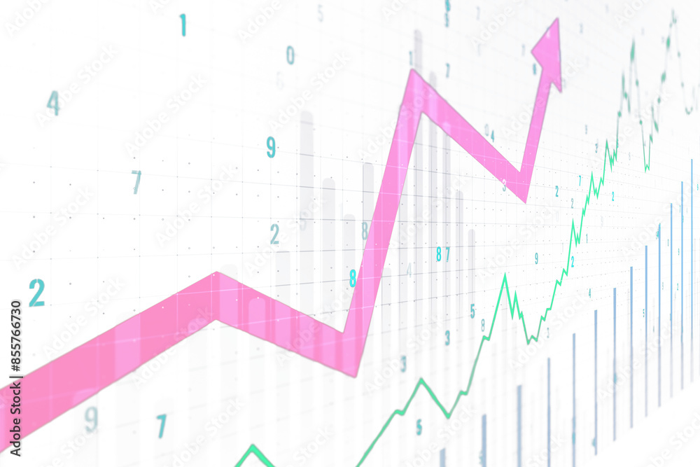 Poster a digital graph overlay demonstrating growth and fluctuations against a white background, symbolizin