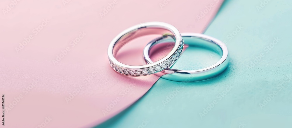 Poster casual style white gold ring with diamonds isolated on pastel background. silver wedding ring band w